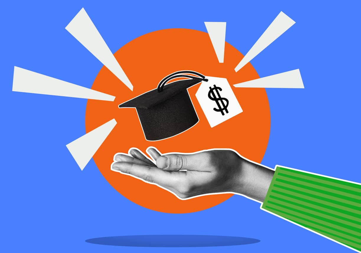 Concept of financial literacy and education. Human hand and graduation cap with dollar sign. Collage. farm first scholarship image
